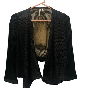 Black Open Front Cardigan with Tiger Print Lining